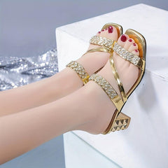 Rhinestone Chunky Heel Sandals Square Open Toe Slip On Mid Heels