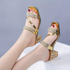 Rhinestone Chunky Heel Sandals Square Open Toe Slip On Mid Heels