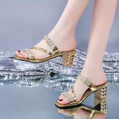 Rhinestone Chunky Heel Sandals Square Open Toe Slip On Mid Heels