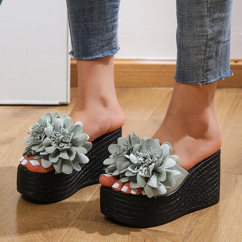 Women's 3D Flowers Platform Wedge Sandals Open Toe Slides