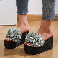 Women's 3D Flowers Platform Wedge Sandals Open Toe Slides