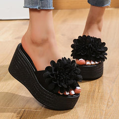 Women's 3D Flowers Platform Wedge Sandals Open Toe Slides