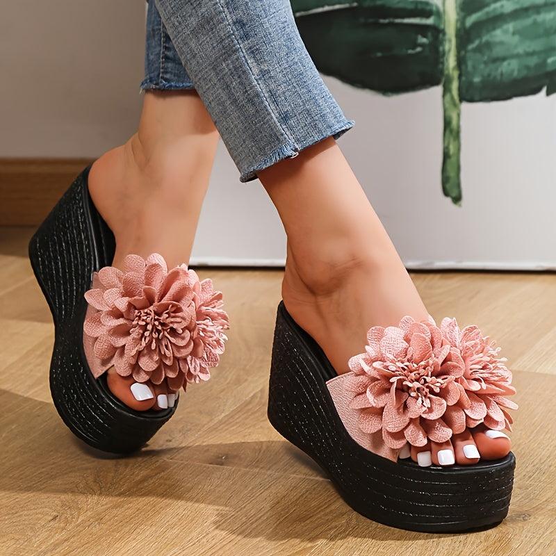 Women's 3D Flowers Platform Wedge Sandals Open Toe Slides