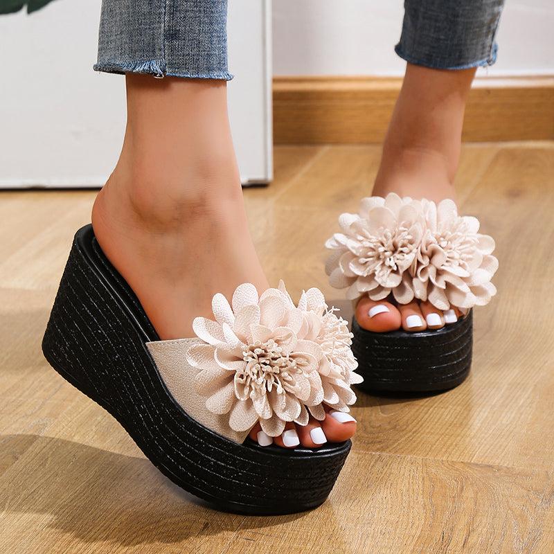 Women's 3D Flowers Platform Wedge Sandals Open Toe Slides