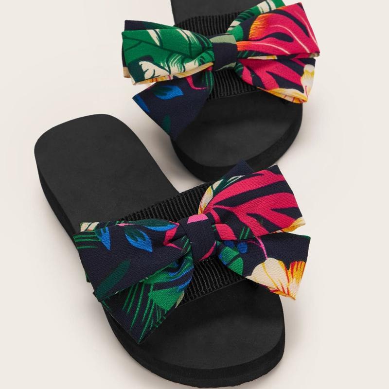 Tropical Print Bow Slide Sandals