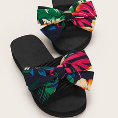Tropical Print Bow Slide Sandals