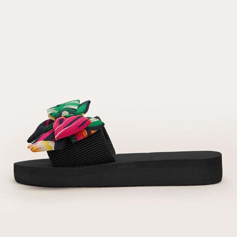 Tropical Print Bow Slide Sandals
