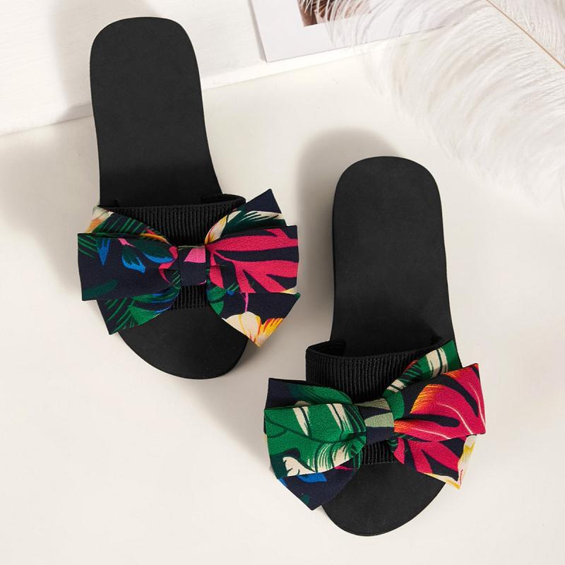 Tropical Print Bow Slide Sandals