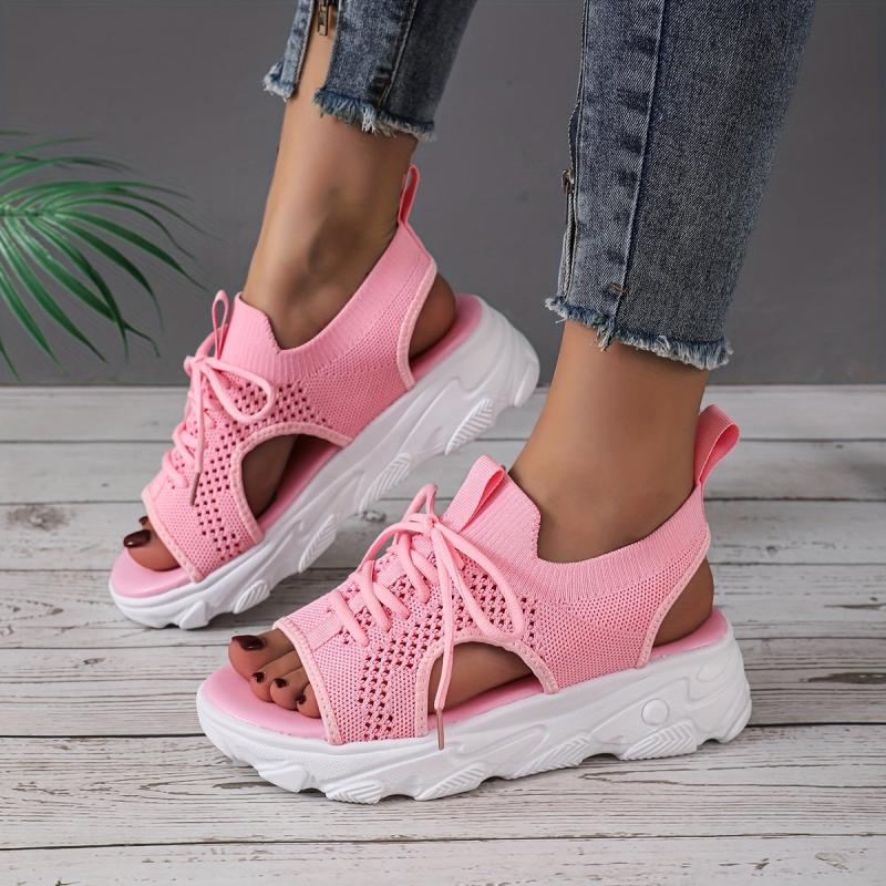 Women's Knit Platform Sandals Breathable Summer Casual Lace Up Shoes