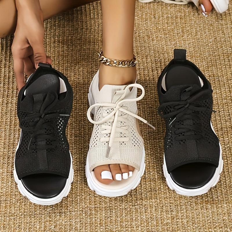Women's Knit Platform Sandals Breathable Summer Casual Lace Up Shoes