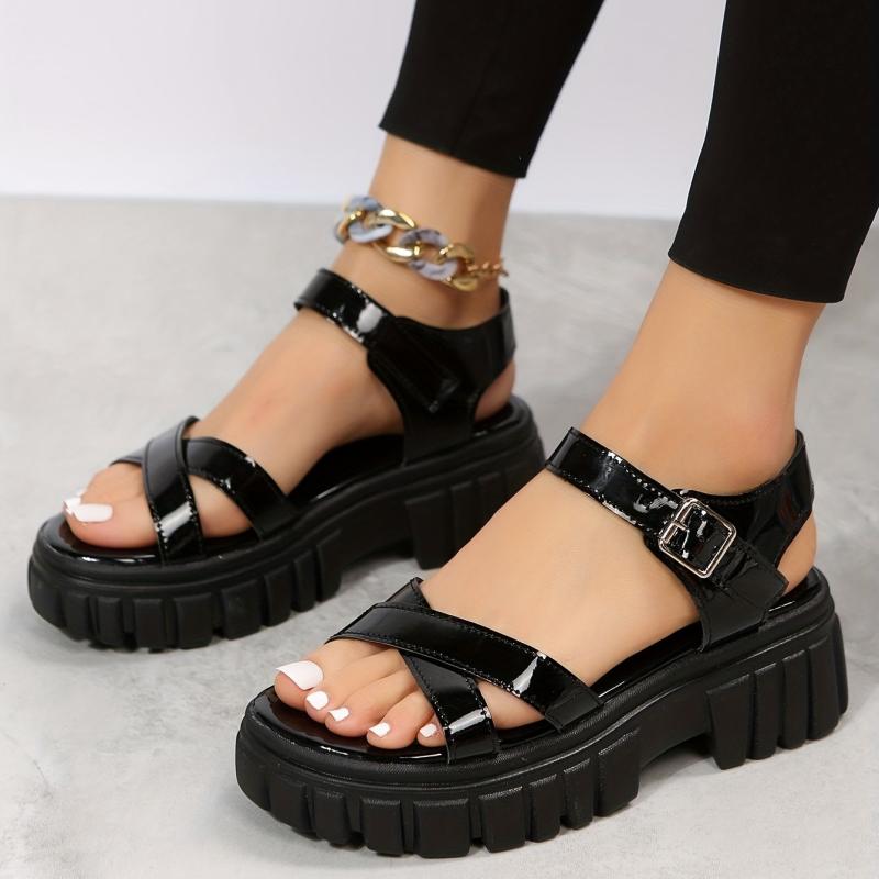 Women's Platform Sandals Cross Strap Open Toe Ankle Strap Patent Leather Shoes
