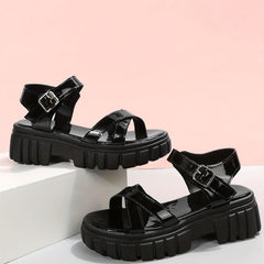 Women's Platform Sandals Cross Strap Open Toe Ankle Strap Patent Leather Shoes
