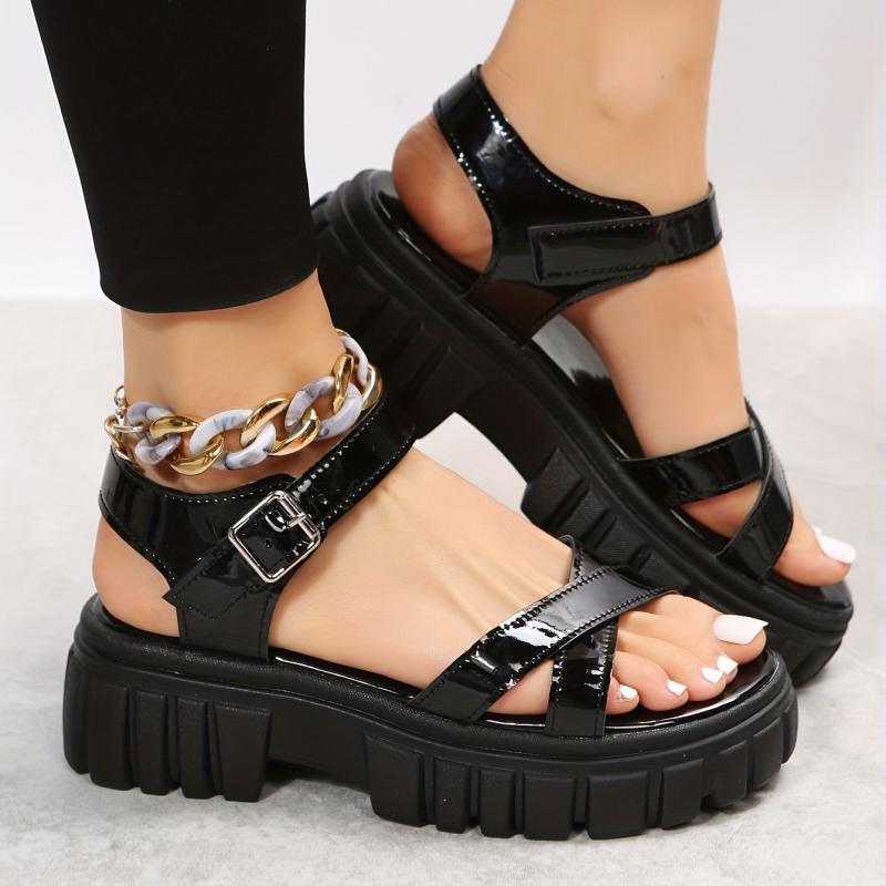 Women's Platform Sandals Cross Strap Open Toe Ankle Strap Patent Leather Shoes