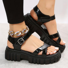 Women's Platform Sandals Cross Strap Open Toe Ankle Strap Patent Leather Shoes