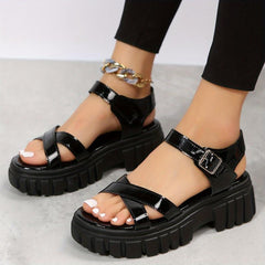 Women's Platform Sandals Cross Strap Open Toe Ankle Strap Patent Leather Shoes