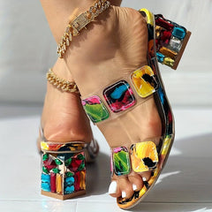 Women's Multicolor Rhinestone Block Heel Sandals