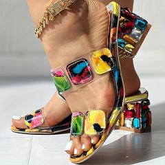 Women's Multicolor Rhinestone Block Heel Sandals