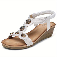 Boho Flower Wedge Sandals Rhinestone Platform Comfy Summer Shoes