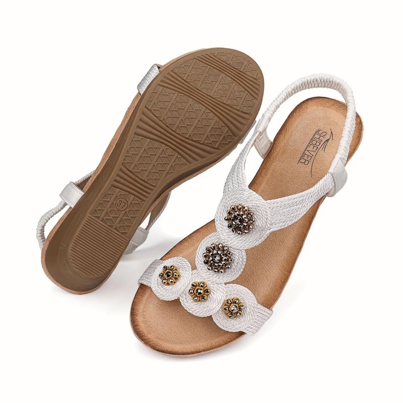 Boho Flower Wedge Sandals Rhinestone Platform Comfy Summer Shoes