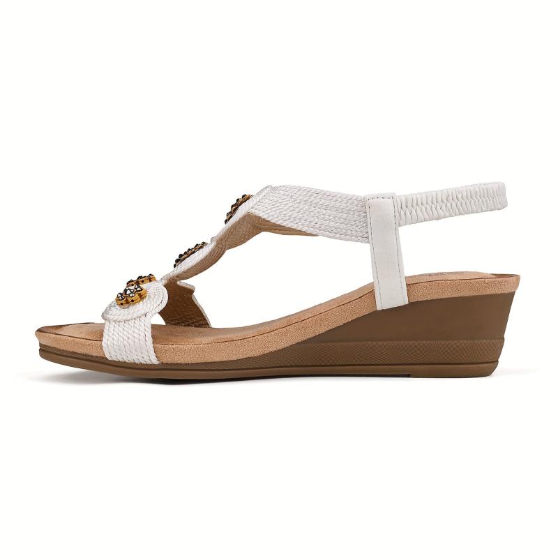 Boho Flower Wedge Sandals Rhinestone Platform Comfy Summer Shoes