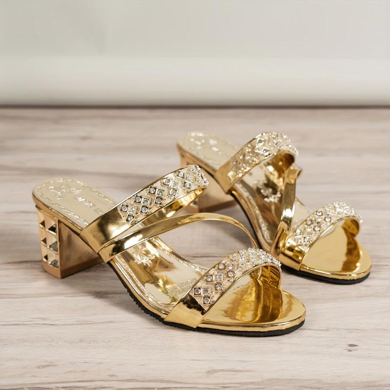 Women's Rhinestone Heeled Sandals Open Toe Mid Heel Party Sandals