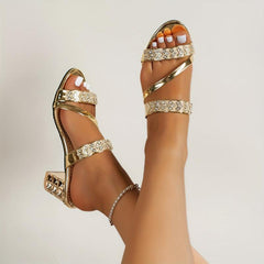 Women's Rhinestone Heeled Sandals Open Toe Mid Heel Party Sandals