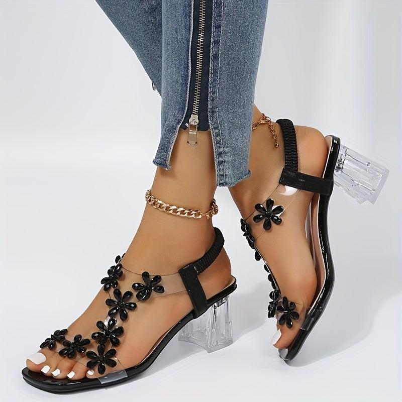 Women's Chunky Heel Sandals Rhinestone Square Toe Mid Heels Slip On Sandals