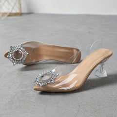 Crystal Heeled Sandals with Sunflower Decor Transparent Strap