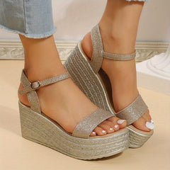 Glitter Wedge Sandals Ankle Strap Platform Sandals
