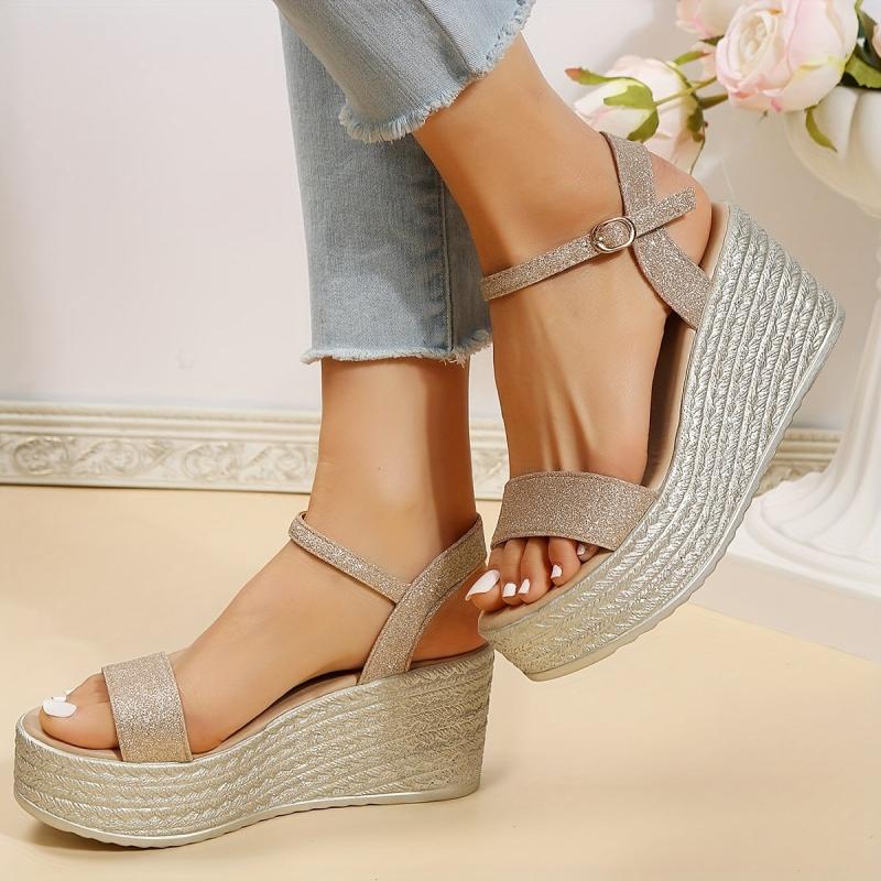 Glitter Wedge Sandals Ankle Strap Platform Sandals