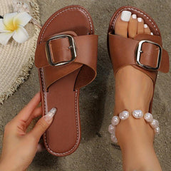 Women's Flat Slide Sandals Metal Buckle Slip On Shoes