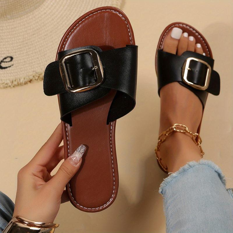Women's Flat Slide Sandals Metal Buckle Slip On Shoes