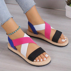 Women's Colorblock Flat Sandals Cross Strap Lightweight Elastic Beach Shoes