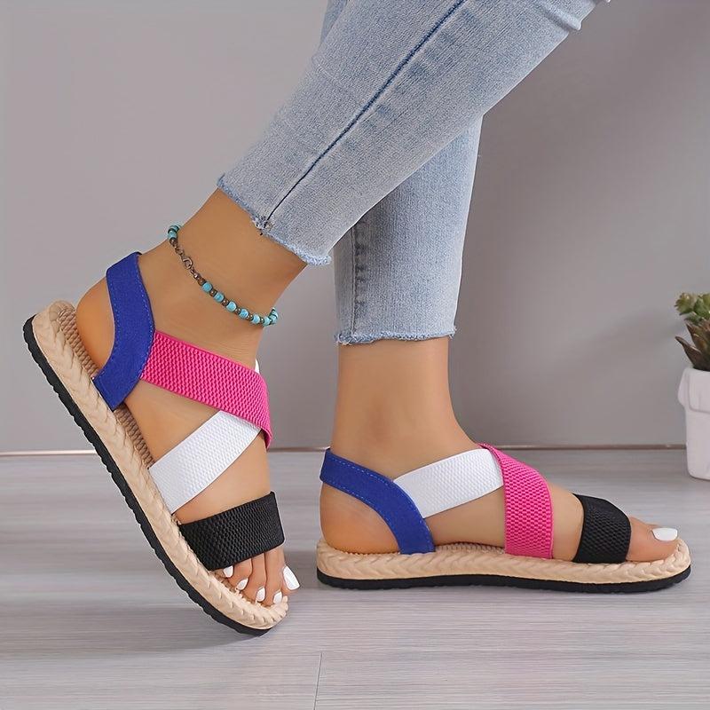 Women's Colorblock Flat Sandals Cross Strap Lightweight Elastic Beach Shoes