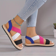 Women's Colorblock Flat Sandals Cross Strap Lightweight Elastic Beach Shoes