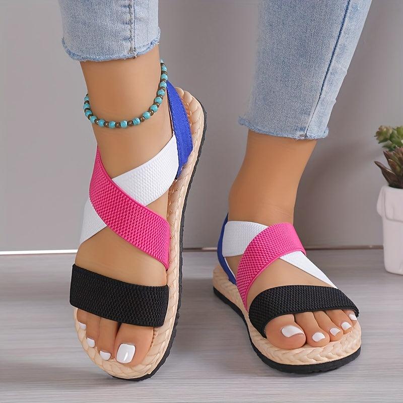 Women's Colorblock Flat Sandals Cross Strap Lightweight Elastic Beach Shoes