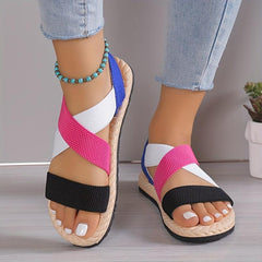 Women's Colorblock Flat Sandals Cross Strap Lightweight Elastic Beach Shoes