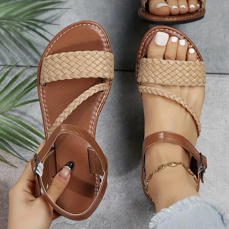 Women's Braided Belt Flat Sandals Lightweight Open Toe Buckle Strap Shoes