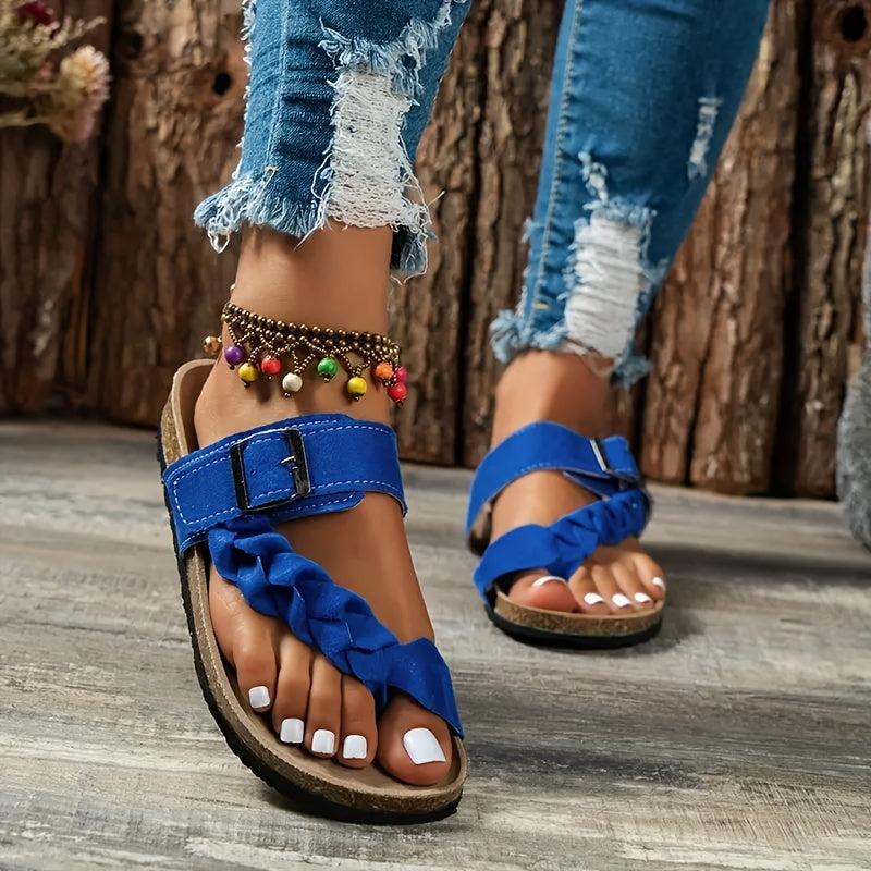 Women's Toe Loop Cork Slides Buckle Strap Flat Sandals