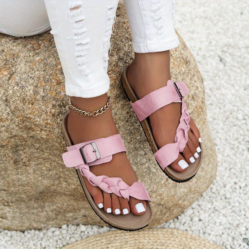 Women's Toe Loop Cork Slides Buckle Strap Flat Sandals