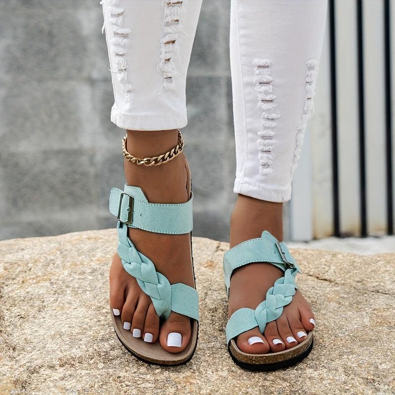 Women's Toe Loop Cork Slides Buckle Strap Flat Sandals