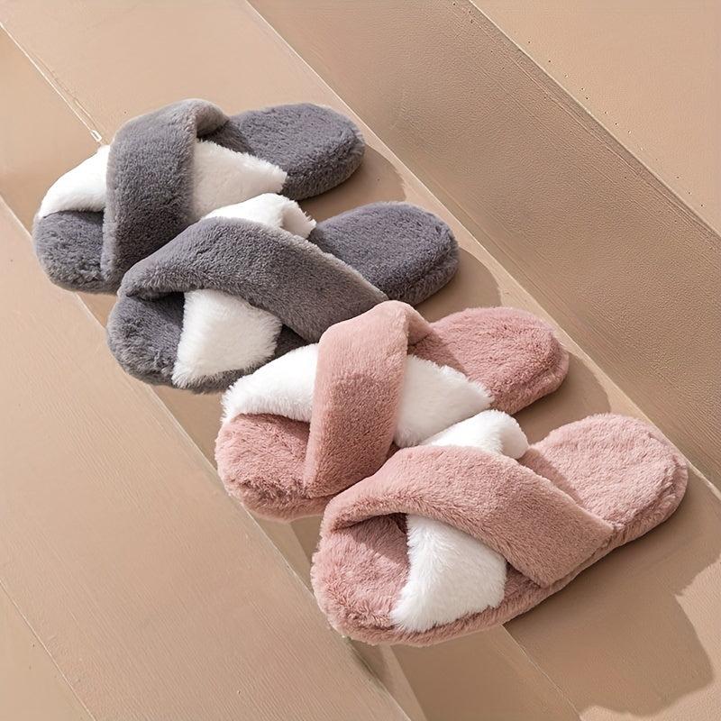 Women's Plush Cross Strap Slippers