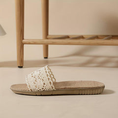Women's Lace Linen Slides Casual Flat Home Non Slip Shoes