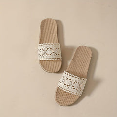 Women's Lace Linen Slides Casual Flat Home Non Slip Shoes