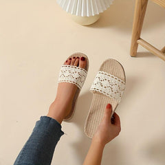Women's Lace Linen Slides Casual Flat Home Non Slip Shoes