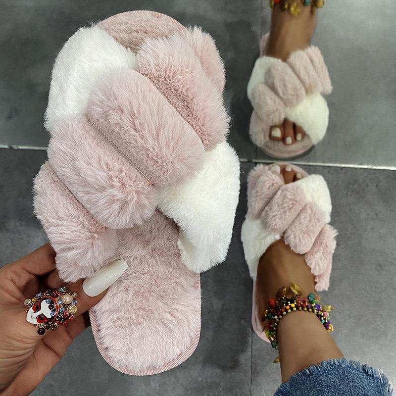 Women's Plush Open Toe Slides Indoor Slippers