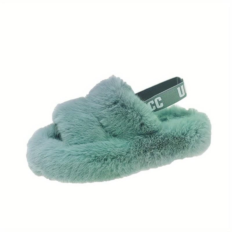 Women's Fluffy Platform Sandals Comfy Plush Slip On Slides Shoes
