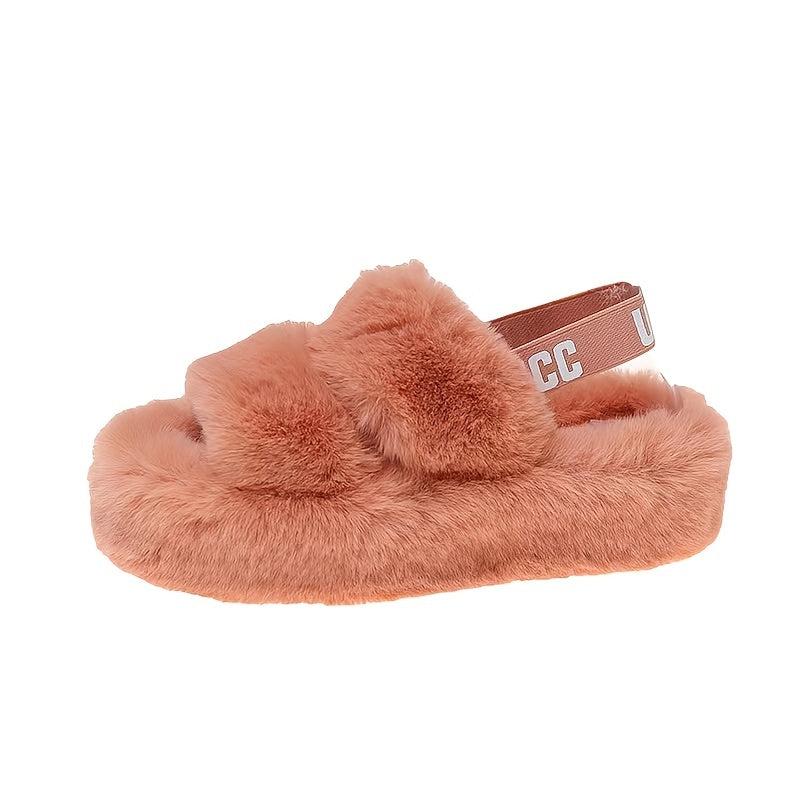 Women's Fluffy Platform Sandals Comfy Plush Slip On Slides Shoes