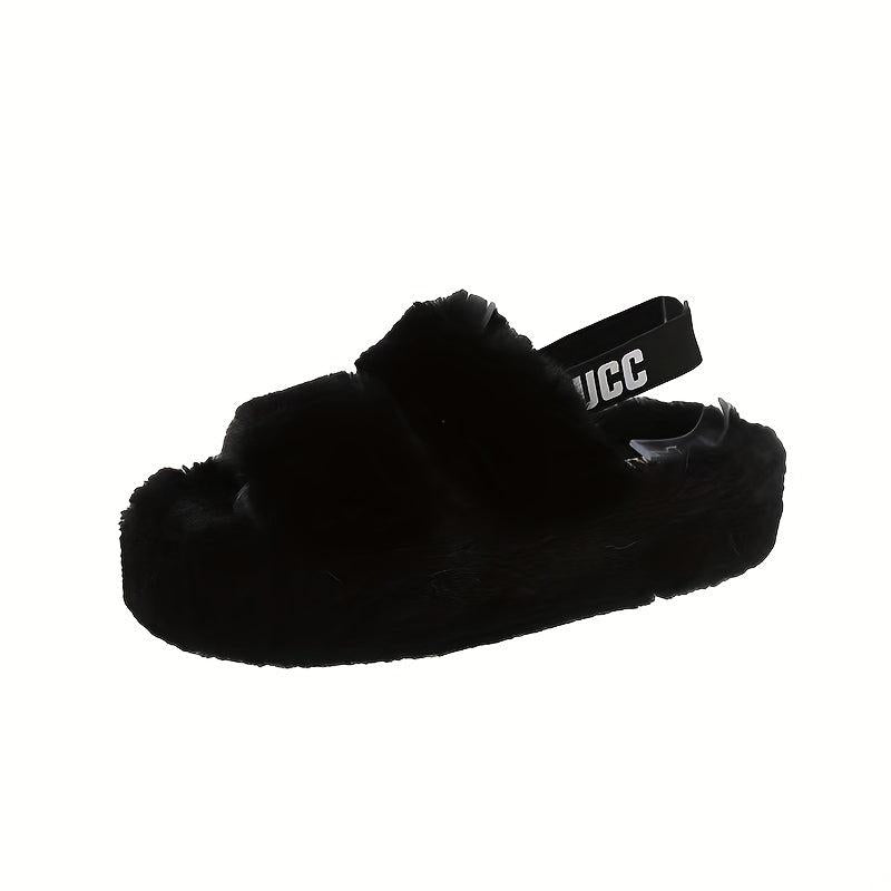 Women's Fluffy Platform Sandals Comfy Plush Slip On Slides Shoes