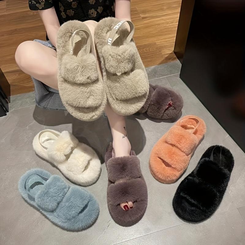 Women's Fluffy Platform Sandals Comfy Plush Slip On Slides Shoes